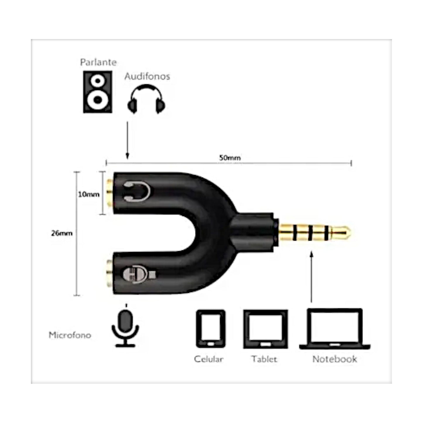 Splitter Adaptador de Audio 3.5mm para Audífono y Micrófono (6956)