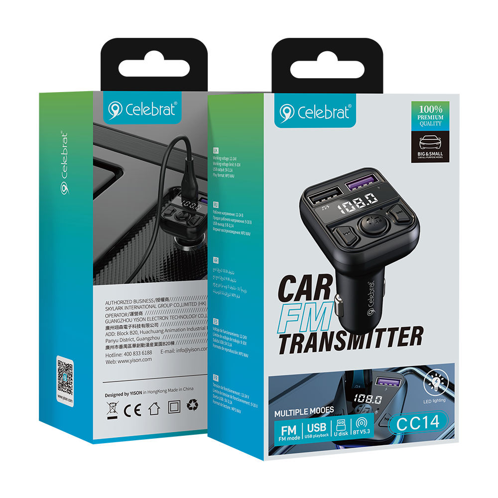 Cargador Dual USB 2.1A con Transmisor FM y Bluetooth Celebrat - CC14