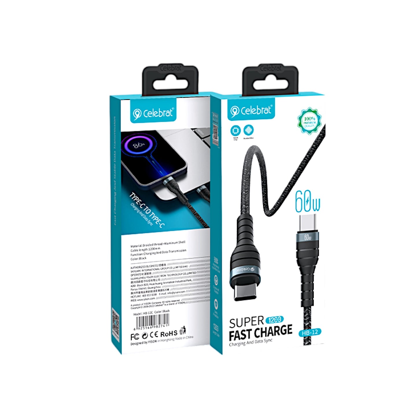 Cable Reforzado Tipo C a Tipo C con Carga Súper Rápida 60W Celebrat - HB-12T