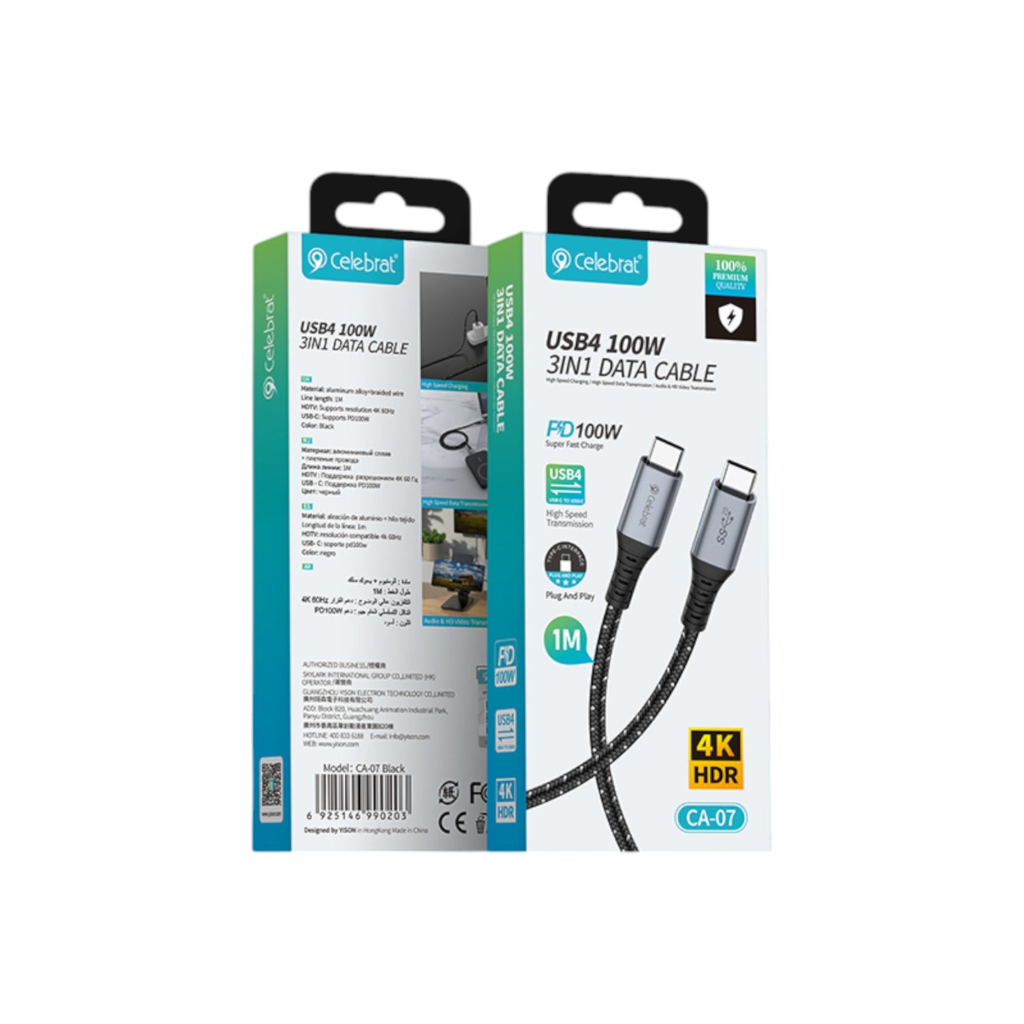 Cable Tipo C 100W para Carga, Transmisión de datos y de Video 4K HDR Celebrat - CA-07