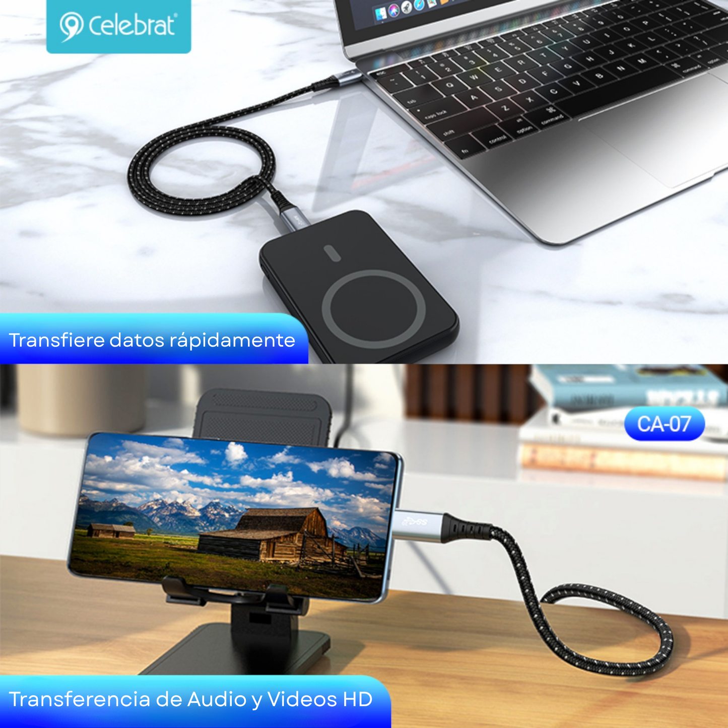 Cable Tipo C 100W para Carga, Transmisión de datos y de Video 4K HDR Celebrat - CA-07