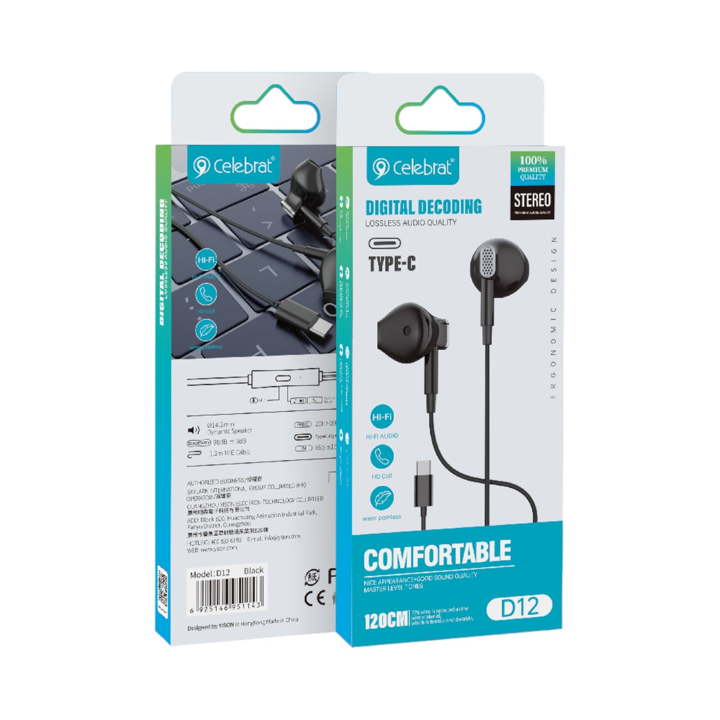 Audífonos Tipo C con cable y manos libres - D12 Negro
