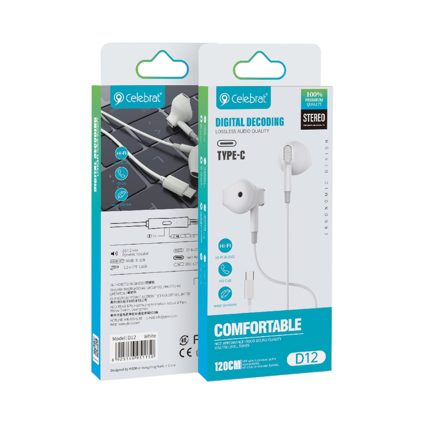 Audífonos Tipo C con cable y manos libres - D12 Negro